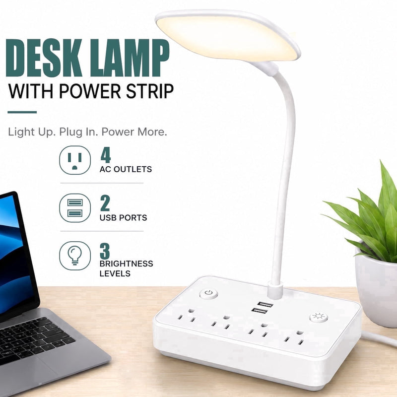 BOHASHIN LED Desk Lamp with 2 USB Charging Port and 4 AC Outlets, 2 Color Temperatures and 4ft Extension Cord for reading, Working, Studying